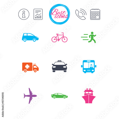 Transport icons. Car, bike, bus and taxi signs.