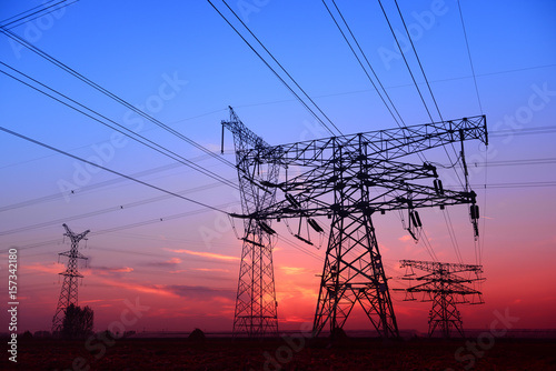 High voltage towers in the evening