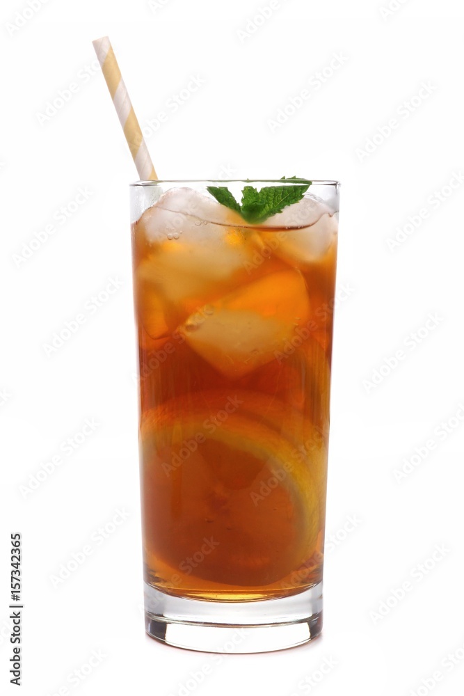 Glass of lemon iced tea with straw isolated on a white background Glass of lemon iced tea with straw isolated on a white background