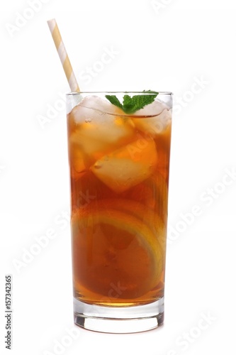 Glass of lemon iced tea with straw isolated on a white background