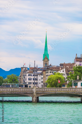 View of the historic city center of Zurich with famous Fraumunster Church and river Limmat, Switzerland