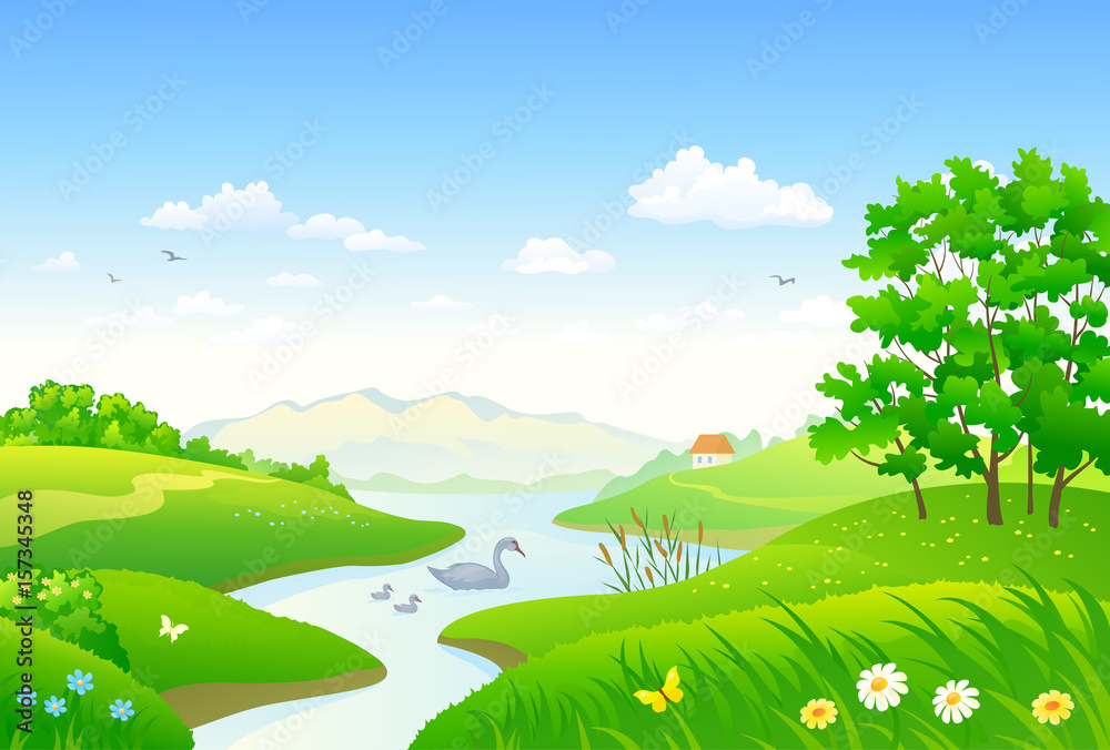 Obraz premium River landscape with swans