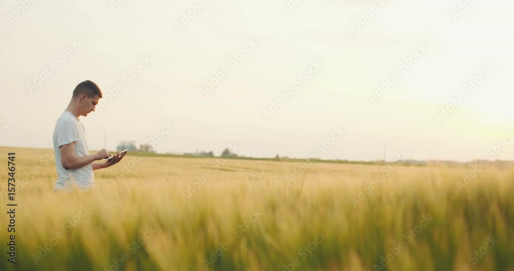 Man Using Digital Tablet In Agricultural Field Man Using Digital Tablet In Agricultural Field