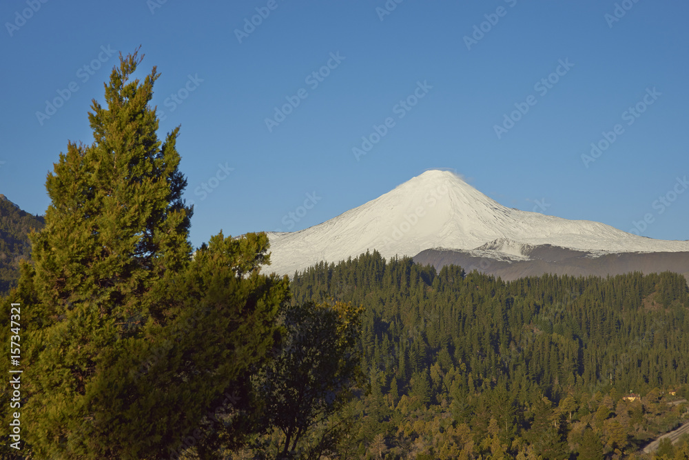 Obraz premium Snow capped peak of Antuco Volcano (2,979 metres) rising above a forested valley in Laguna de Laja National Park in the Bio Bio region of Chile.