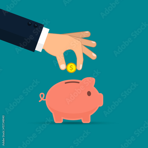 Piggy bank and hand with coin color illustration. Vector concept.