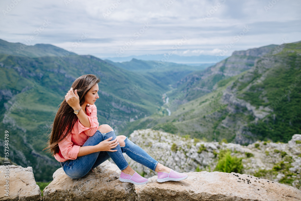 woman relax and dream in mountains