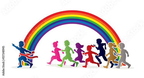 The winner Group of children running marathon  little boy and girl play together  team work   Friendship designed on rainbows background graphic vector