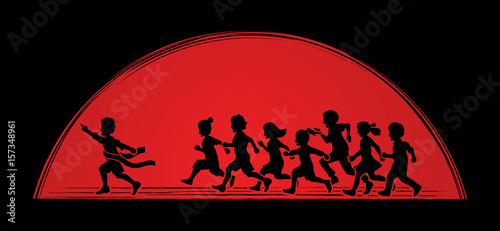 The winner Group of children running marathon, little boy and girl play together, team work , Friendship designed on sunlight background graphic vector