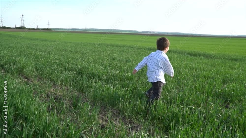 little boy runs around the green spring field little boy runs around the green spring field
