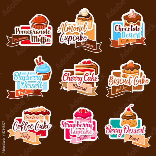 Bakery shop vector stickers for dessert cakes