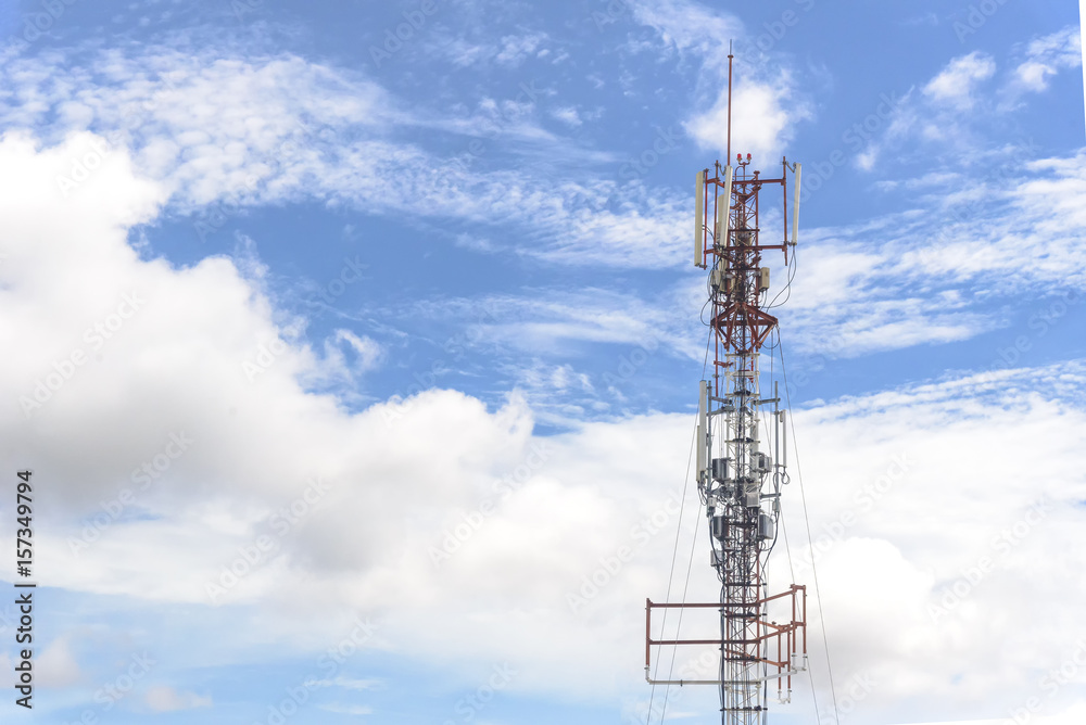 Communication antenna tower with the sky background in close-up scene.Telecommunication concept. Communication antenna tower with the sky background in close-up scene.Telecommunication concept.
