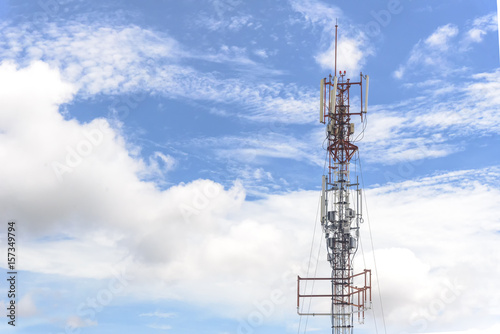 Communication antenna tower with the sky background in close-up scene.Telecommunication concept.