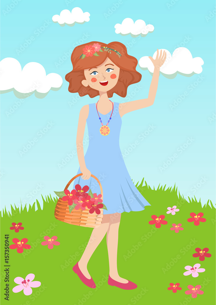 Cute girl with blue dress picking flower at green grass garden. Cute girl with blue dress picking flower at green grass garden.