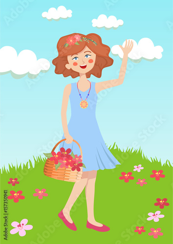 Cute girl with blue dress picking flower at green grass garden.