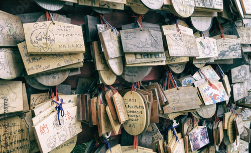 IBARAKI, JAPAN - Aug 23rd, 2016. Ema are small wooden plaques on which Shinto worshippers write their prayers or wishes. Ema are then left hanging up at the shrine for gods or spirits to receive them