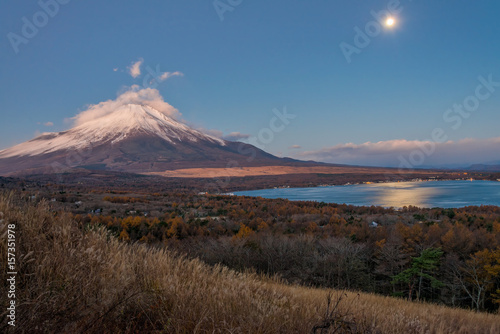 Fuji mountain and Yamanakako lake in autumn season.