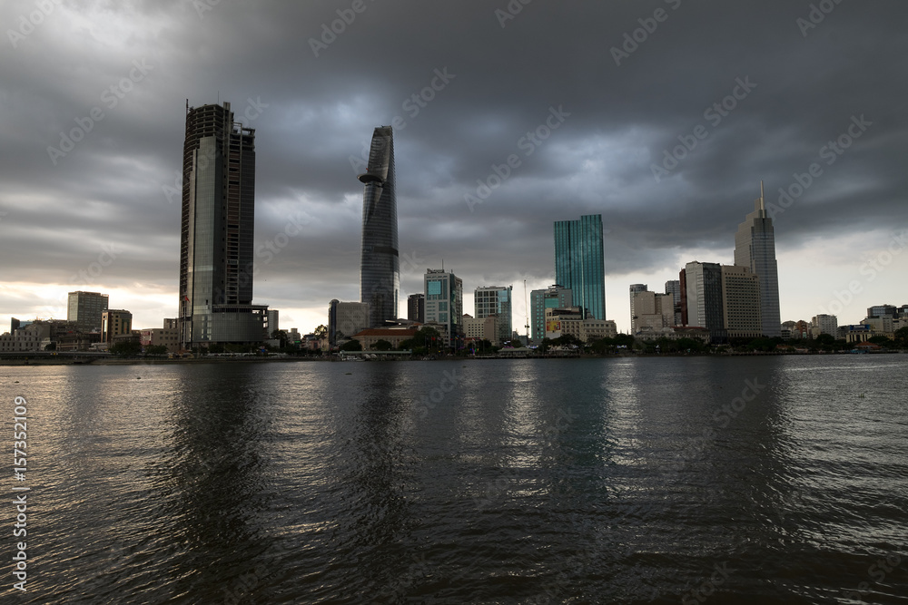 Cityscape of Ho Chi Minh City in storm, Sai Gon river