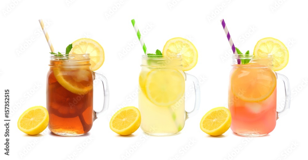 Three mason jar glasses of summer iced tea, lemonade, and pink lemonade drinks isolated on a white background - obrazy, fototapety, plakaty 