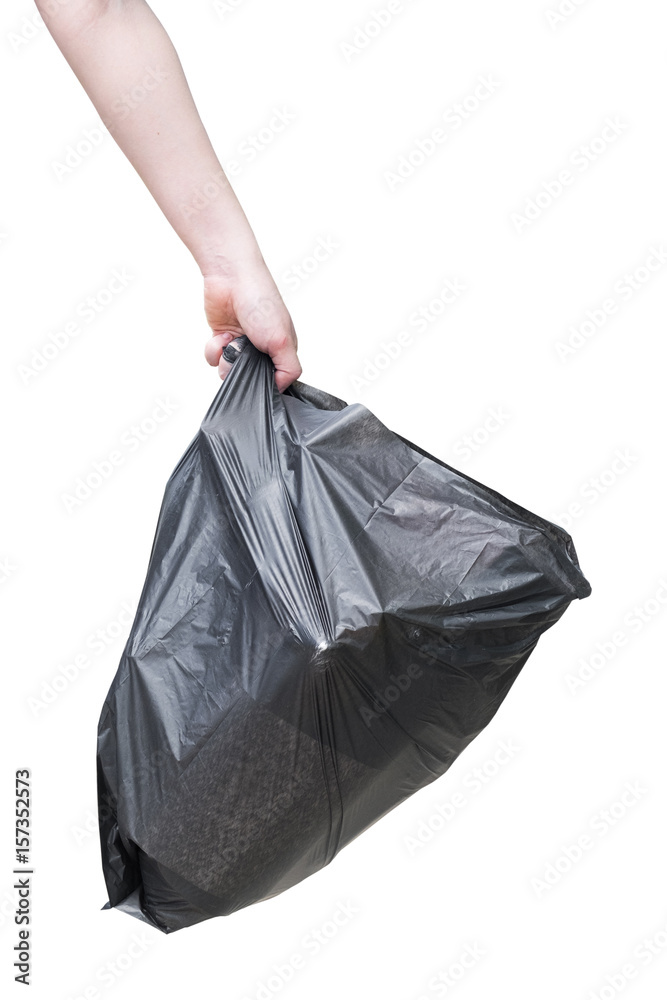 A yung girl hold a garbage bag isolated on white background., This has clipping path.