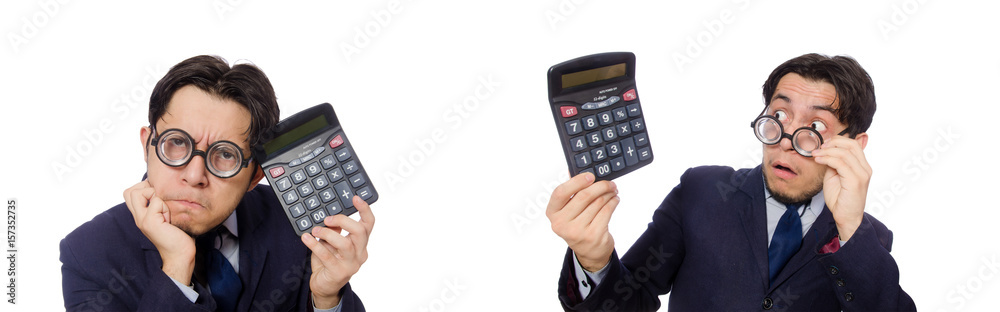 Funny man with calculator isolated on white Funny man with calculator isolated on white