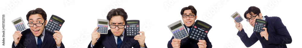 Funny man with calculator isolated on white