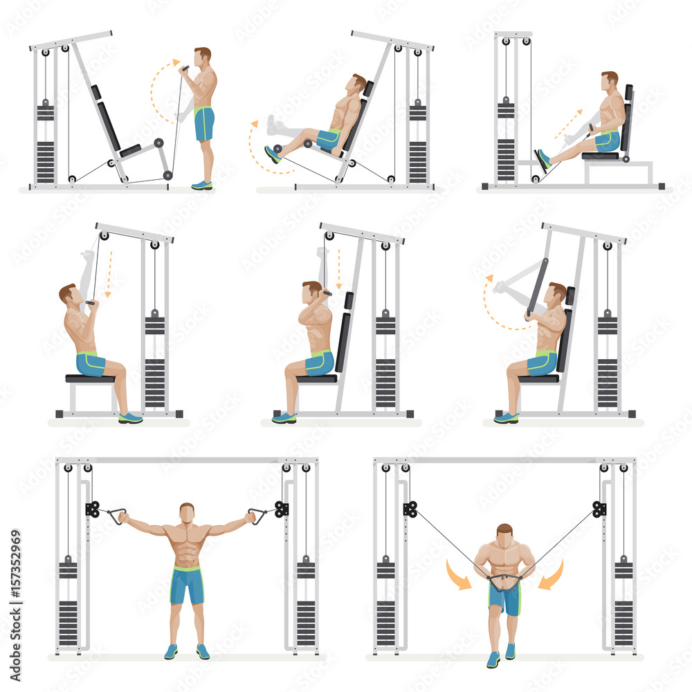 Fototapeta premium Gym exercises machines sports equipment. Vector Illustration.