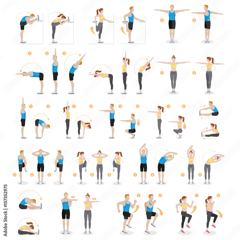 Man and woman workout fitness, aerobic and exercises. Vector illustrations.