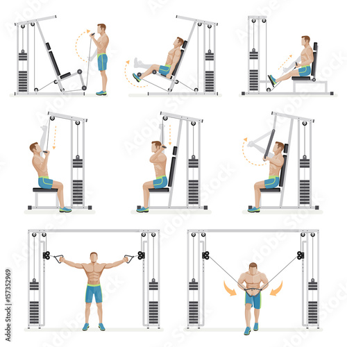 Gym exercises machines sports equipment. Vector Illustration.