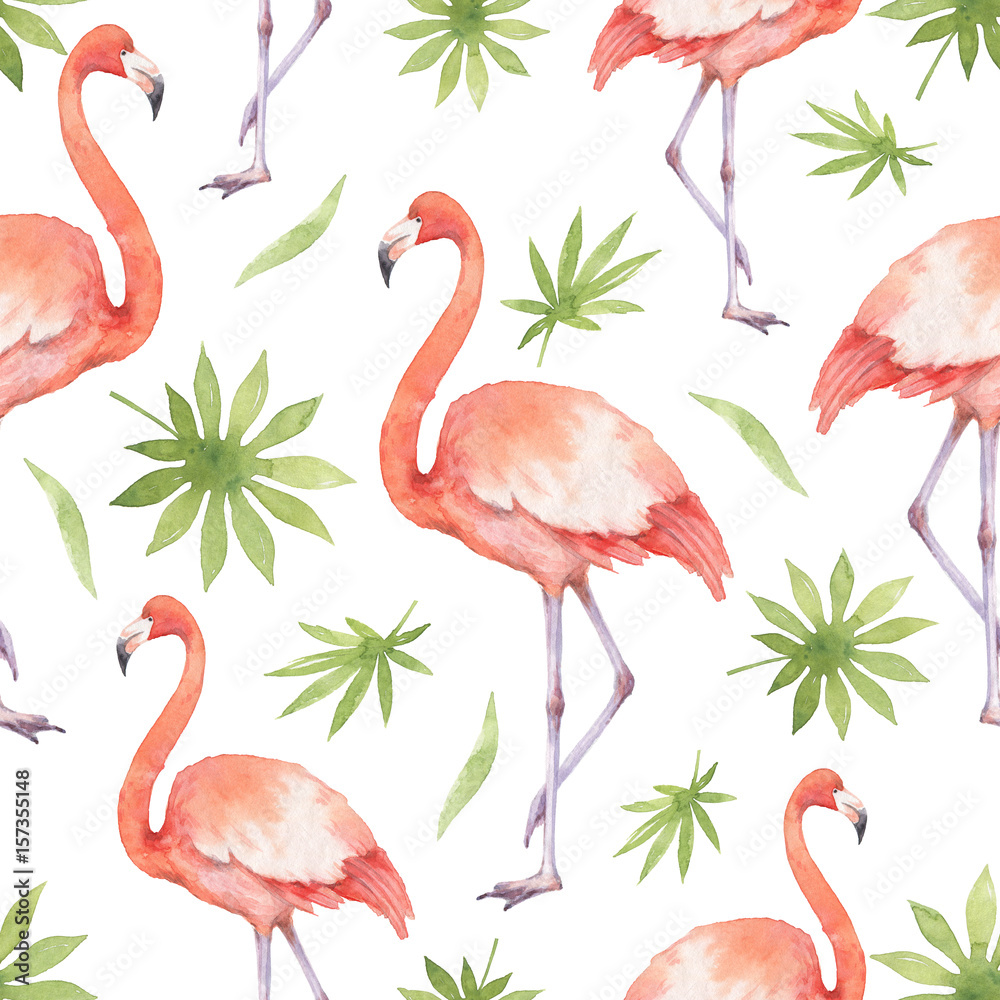 Fototapeta premium Watercolor seamless pattern of flamingo and palm trees isolated on white background.
