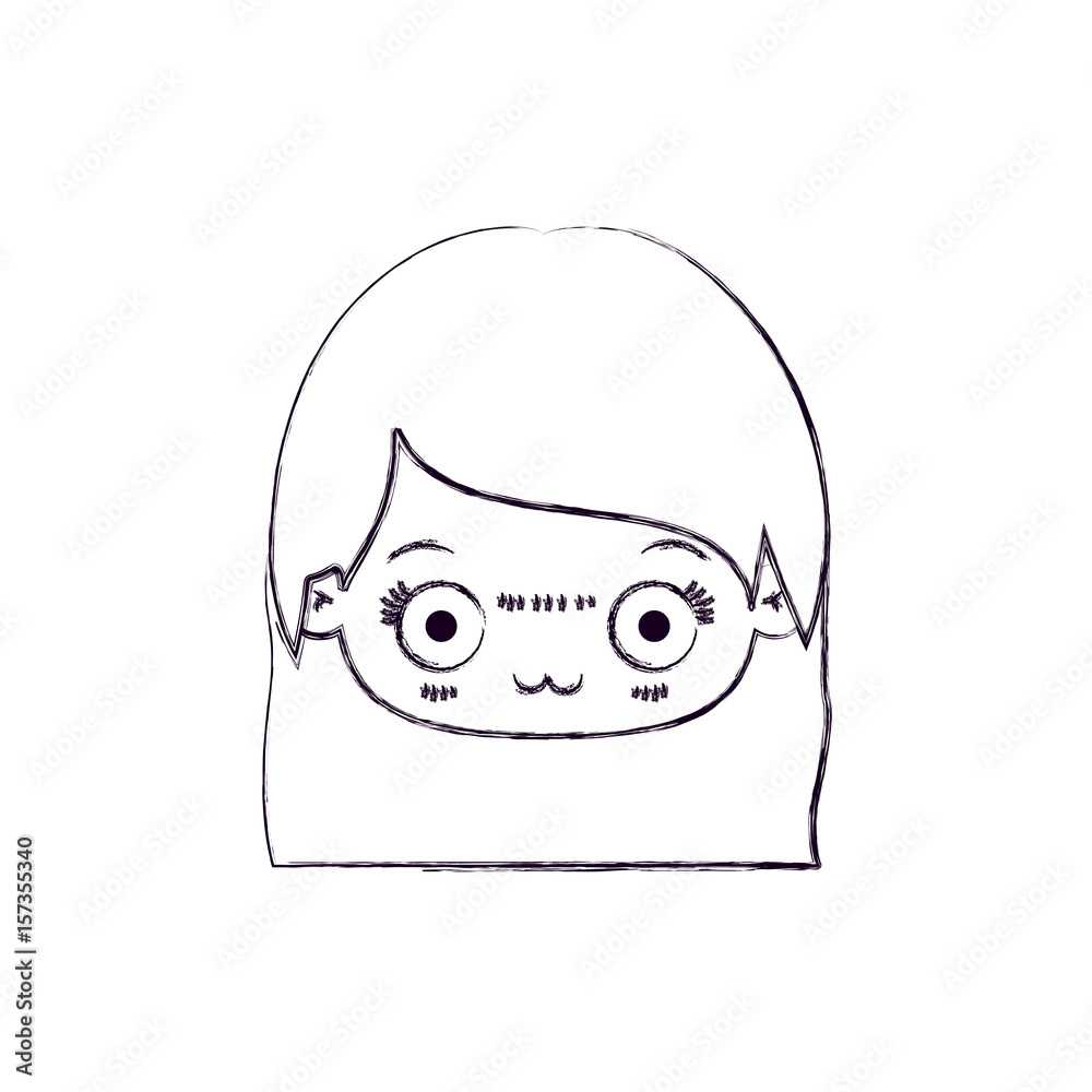 blurred thin silhouette of kawaii head of cute little girl with straight hair and facial expression depressed vector illustration