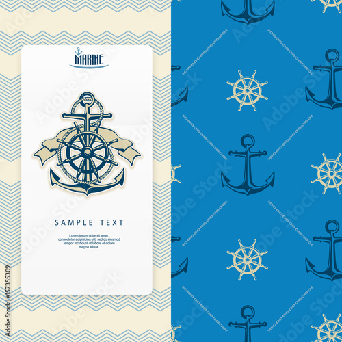 Nautical banner, anchor with rope, steering wheel ribbon.