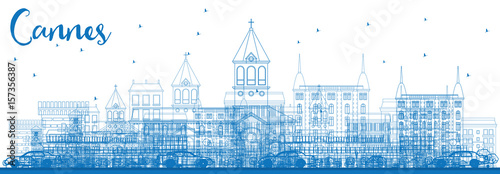 Outline Cannes Skyline with Blue Buildings.