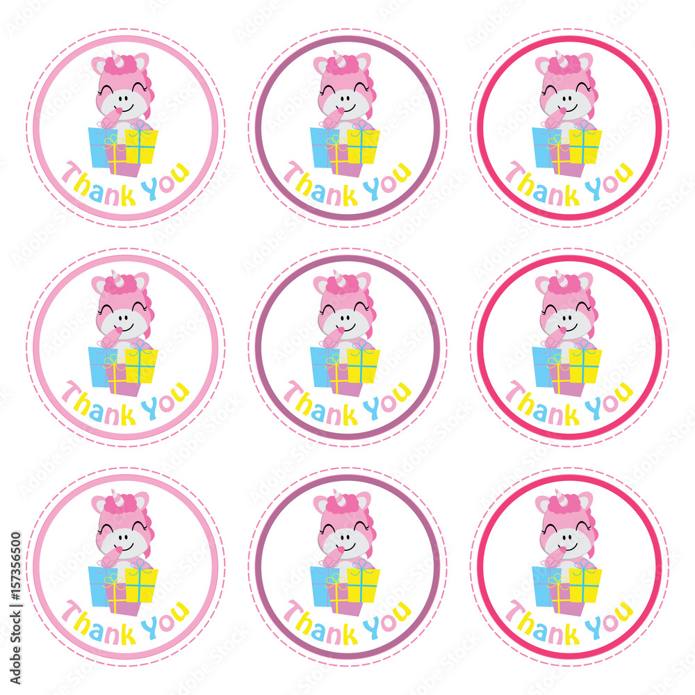 Cute unicorn with gift boxes vector cartoon, Birthday Label, sticker set, and cupcake topper