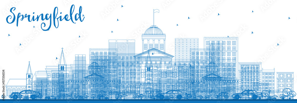 Outline Springfield Skyline with Blue Buildings.