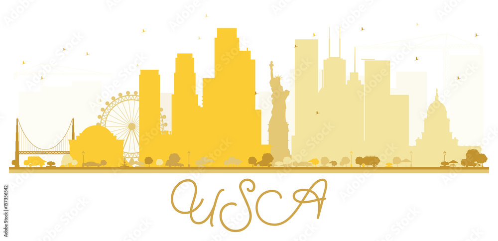 USA City skyline golden silhouette.