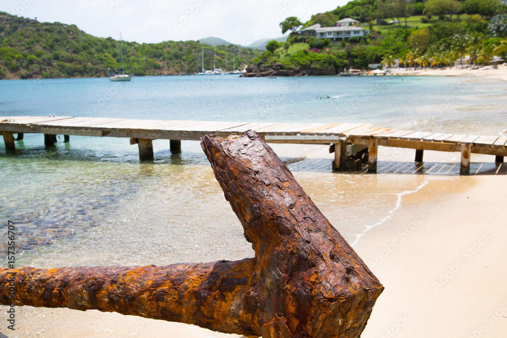Old anchor in the Galleon beach. Antigua, Caribbean islands, English Harbour

