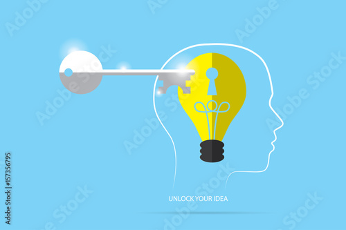 unlock lightbulb master key with head outline, idea and business concept