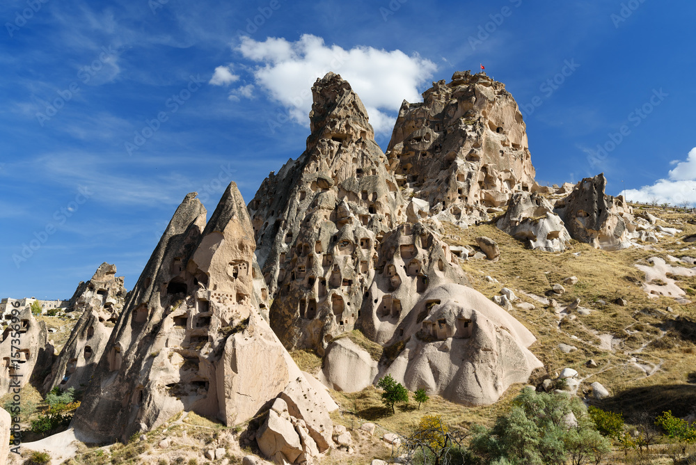View of Uchisar castle from Pigeon valley. Cappadocia. Turkey
