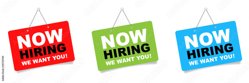 Now hiring / We want you - hanging door sign Now hiring / We want you - hanging door sign