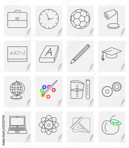 Set of sixteen vector images - icons for a school site with a picture of objects on a sheet of paper with a curved corner