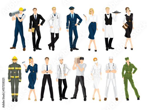 Group of people of different professions in uniform isolated on white background. 