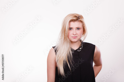 Portrait of happy blonde, charming woman