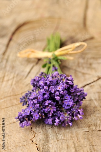 Lavender flowers on a wooden background.