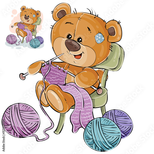 Vector illustration of a brown teddy bear sitting on a chair and knitting something with knitting needles, handicrafts. Print, template, design element
