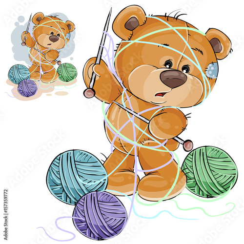Vector illustration of a brown teddy bear holding a knitting needle in its paw and tangled in threads, handicrafts. Print, template, design element