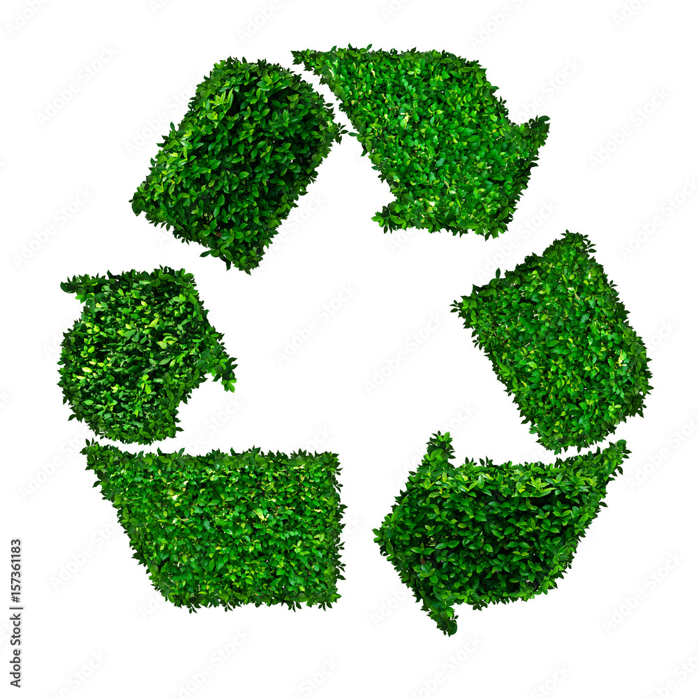 recycle sign, used by green leafs on white background