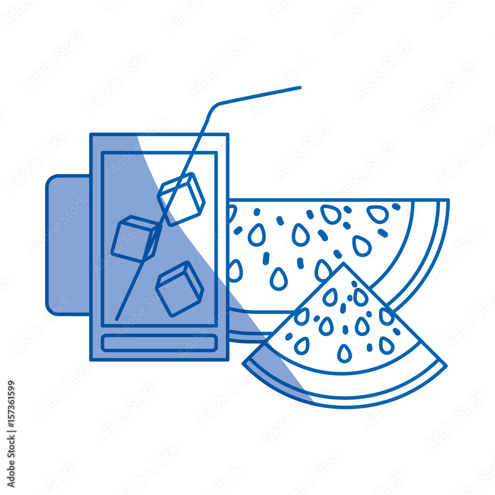 blue shading silhouette of watermelon slice and refreshing drink vector illustration