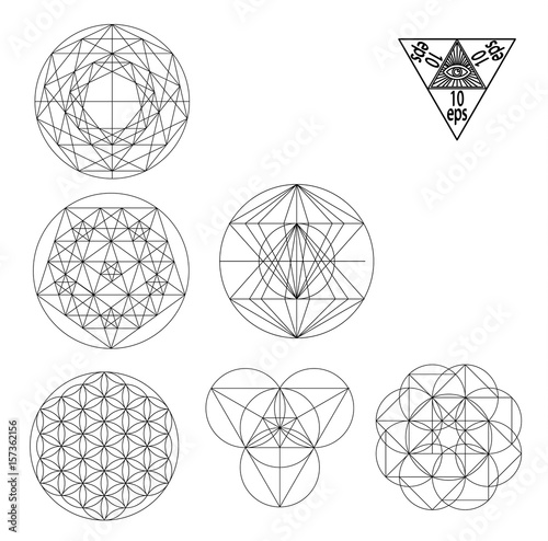 Sacred geometry symbols and signes vector illustration. Hipster tattoo. Flower of life symbol.