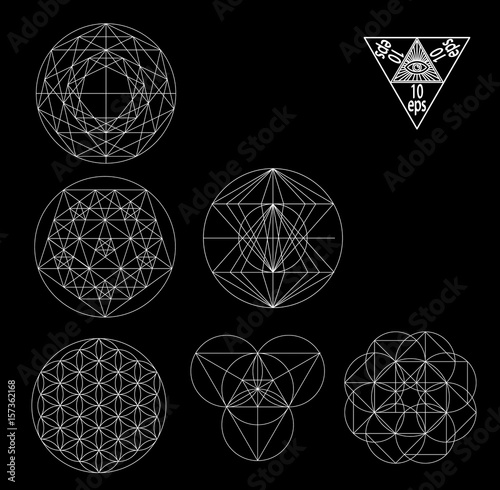 Sacred geometry symbols and signes vector illustration. Hipster tattoo. Flower of life symbol.