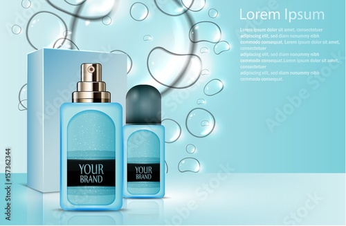Blue plastic perfume bottles with package box